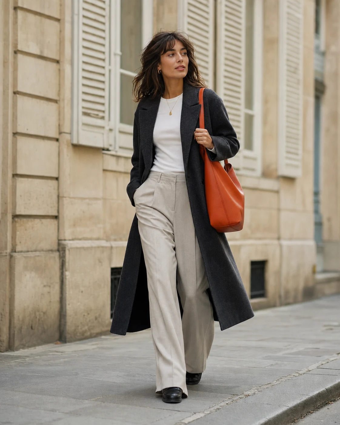 Femme portant un manteau anthracite et un sac orange dans une rue française