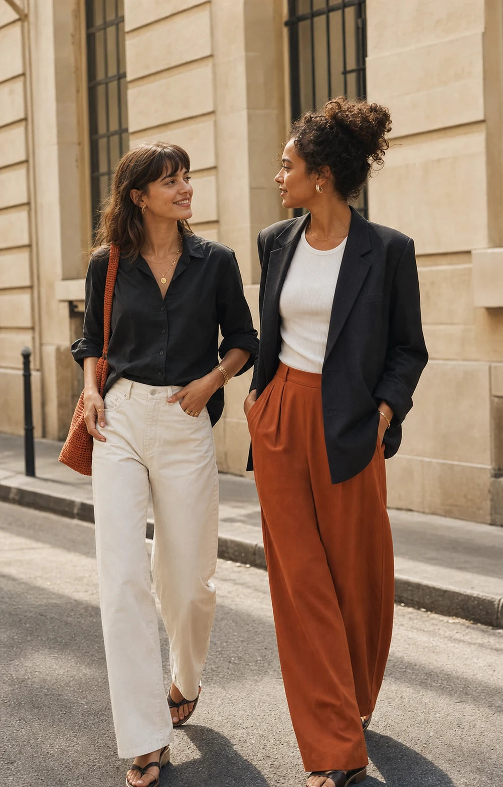 Deux femmes portant une sélection contemporaine Kelvord dans une rue française