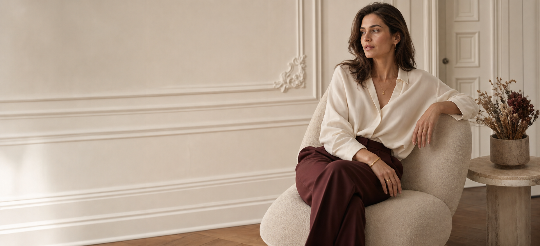 Femme portant une tenue Kelvord dans un intérieur parisien lumineux